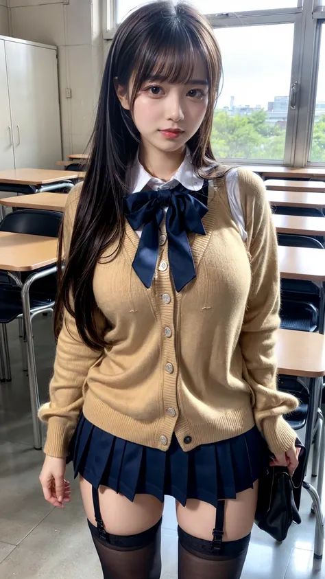 masterpiece, best quality, illustration, Super detailed, fine details, High resolution, 8K,wall paper, perfect dynamic composition,(Details High quality, realistic depiction of eyes:1.3), High School Classroom、High school girl uniform、Cardigan、Super Short ...