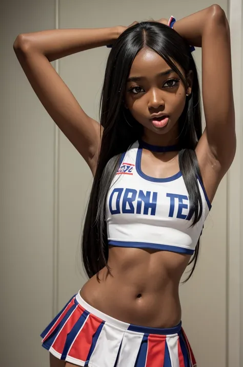 1 hot girl, dark skin, black eyes, ahegao, african, long hair, school girl, young teen, small breasts, navel, exposing clothes, ...