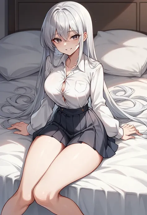 Girl sitting on bed（The girl has long silver hair　Shoulder length　She is wearing a white shirt and a black pleated skirt　All buttons on the shirt are closed　Gray Eyes　White skin　tall　With bangs　Beautiful face　Thin legs　Small waist, slightly large chest　Smi...