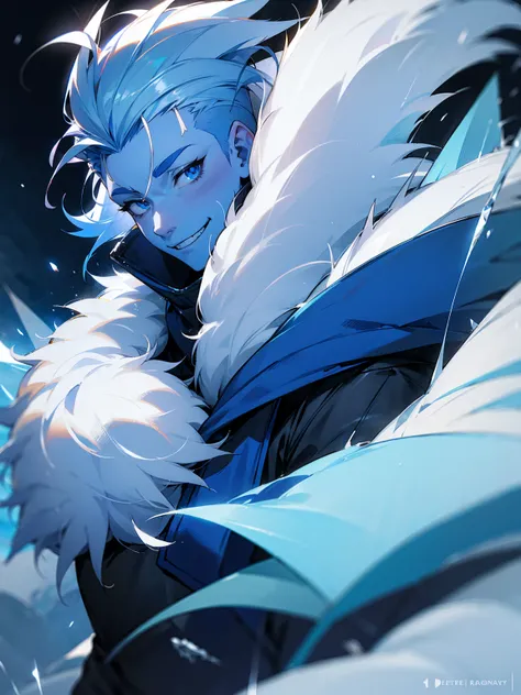 1male, blue skin, white spiky hair, modern undercut, oversized fur coat, blue sweatpants, snowy area, smile, ice on body