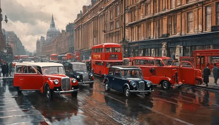 The good old days of London, 1950s, Ikasu cars, 5th floor, An illustration, 4K images, Highest quality, 8k images, masterpiece, dark, Drill Beat, mini crosover,