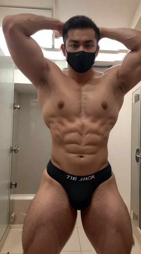 （high quality）（Changing room photo）美しくMuscularな日本のゲイ男性、25 Talents、height: 190cm、mask、Weight 100kg、short hair、beard、thin, See-through T-back、Jockstrap、Muscular、erection、Pay attention to the extremely large bulge in her crotch、Sweat、Full body portrait、Beauti...