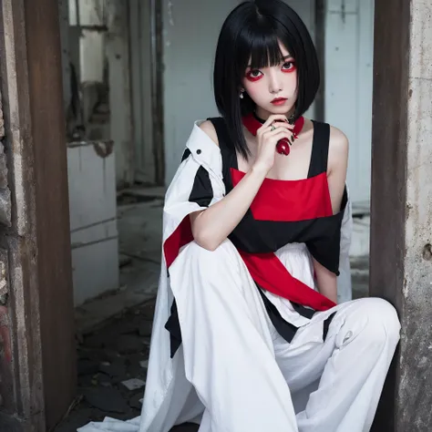 Red tears, black bob hair, white clothes, ruins