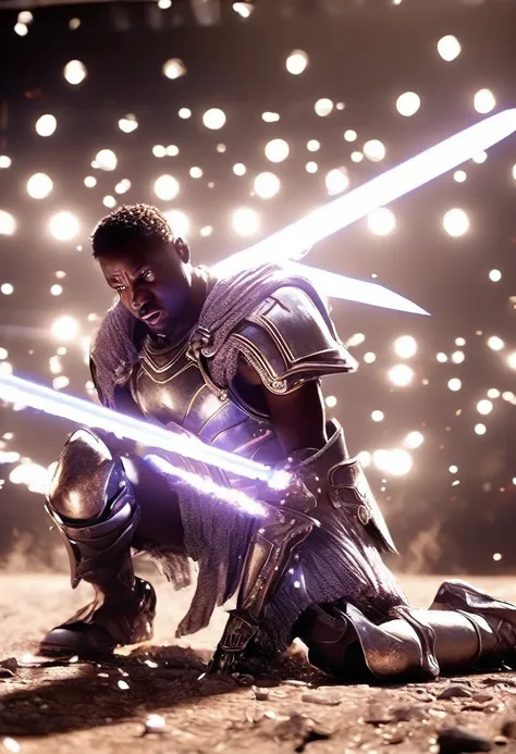 side angle view a black african man on one knee head facing the ground, sword in it's sheath, explosive white light and particle...