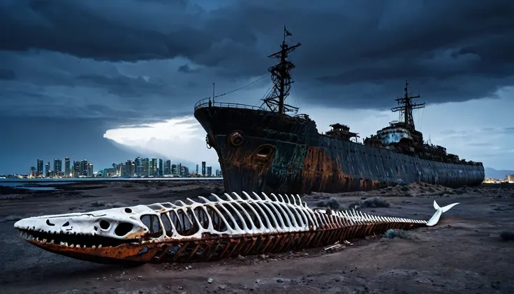 abandoned rusty big warship, post apocalyptic, night desert dark cloudy, and a whale skeleton next to it, and city in the background