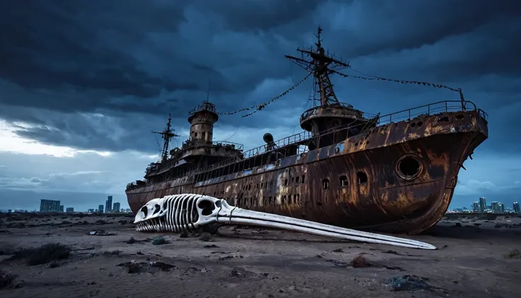 abandoned rusty big warship, post apocalyptic, night desert dark cloudy, and a whale skeleton next to it, and city in the background