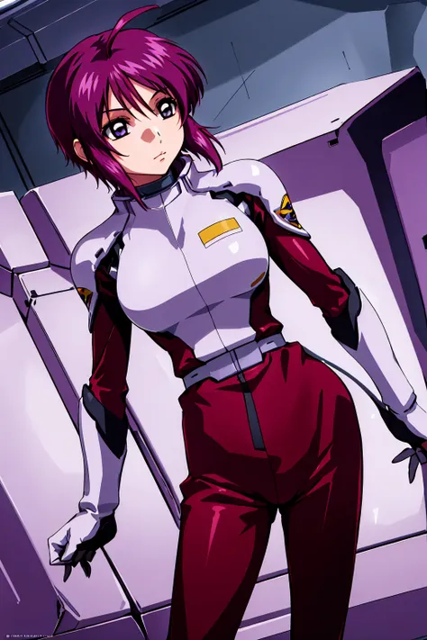 masterpiece, highest quality, high resolution, one girl, alone, short hair, ahoge, redhead, purple eyes, purple hair, pilot suit...