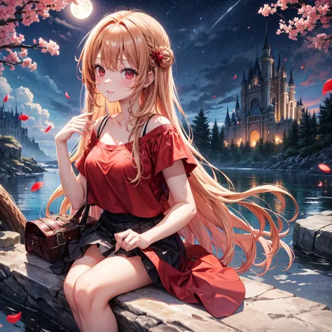 Red-blonde、Red eyes、One cute girl、solo、And soul、Light clothing、Checked mini skirt、petal、Wet hair、Sit on、black t-shirts、large tree、cloud、full moon、monster castle、lanthanum、Hell&#39;s Gate、Craft Gatekeeper、barefoot、Stones are piled up、Devil、Teeth are visible...