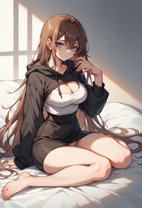 Brown hair long ninja girl　hair longer than shoulders　Long Hair　Wearing a black hoodie and a black skirt　White underwear　White skin　blue eyes　With bangs　Beautiful face　Thin legs　A little bit of cleavage is visible　sitting on the bed　Legs bent to the side　A...