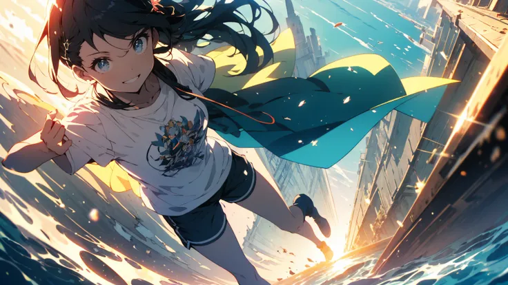 (Highest quality、masterpiece、High resolution、detailed)、(Shining Eyes、detailed美しい顔)、1 Girl、(T-Shirts,Shorts),smile,short boots,outskirts、Slope background、Beautiful Anime