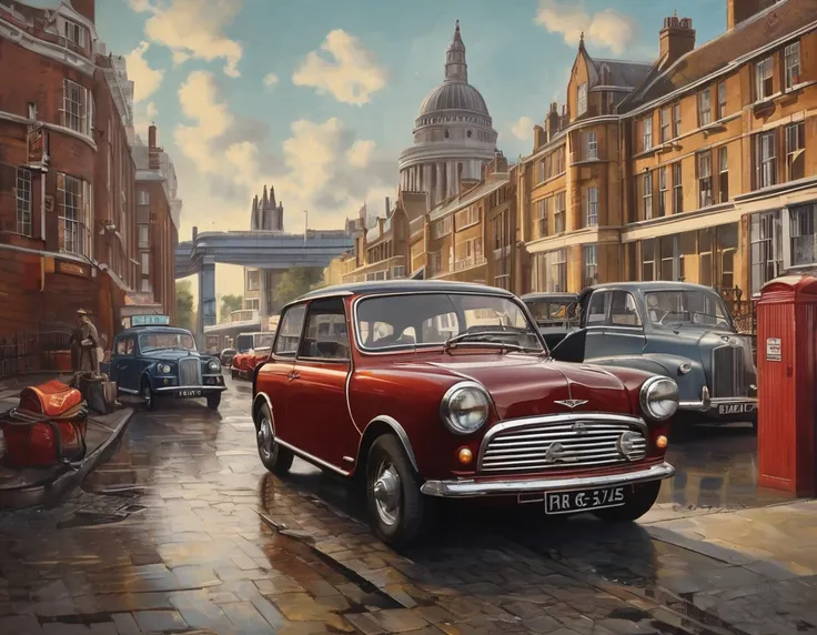 The good old days of London, 1950s, cars, mini crosover, An illustration, 4K images, Highest quality, 8k images, masterpiece, dark, Drill Beat, mini crosover,