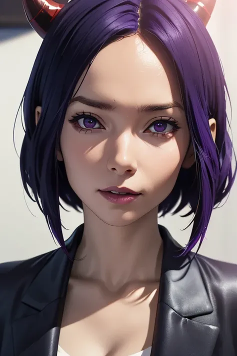 ((masterpiece, Highest quality)), ((Detailed CG integrated 8K people)), That Time I Got Reincarnated as a Slime,Characters,Zion,Black business suit,Purple Hair,A single horn grows from the center of its forehead.,