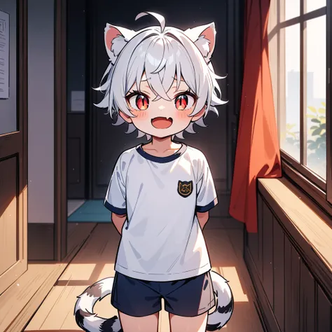 （masterpiece：1.2，high quality），4K，High resolution，A four-year-old boy，cute boy， white hair，short hair，crossed bangs，red eyes，slit pupils， ahoge，cat ears，laughing，skin fang，Wearing a white shirt，dark blue sports shorts，Standing in the room，Next to it is the...