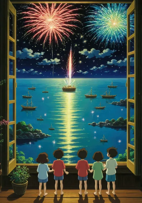 Ghibli　night　You can see the ocean　Children&#39;s room　firework