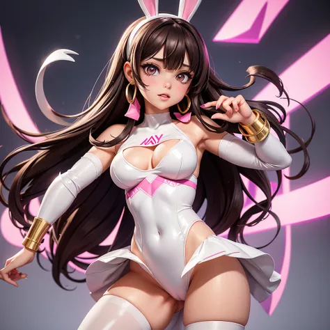 A highly detailed, modern illustration of a young woman with long dark brown hair and bangs, wearing a translucent white bunny costume with pink accents. She has a confident and slightly defiant expression, with prominent makeup and large gold hoop earring...