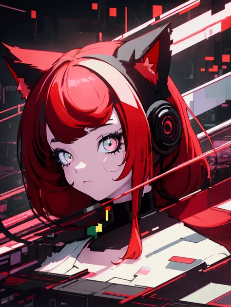 (work of art, maximum quality, best qualityer, offcial art, beautiful and aesthetic:1.2), 1 girl, Red hair, Cats ears, (glitch art), (Digital Distortion), pixelated fragments, Data corruption,Color noise, visual chaos,contemporary aesthetic