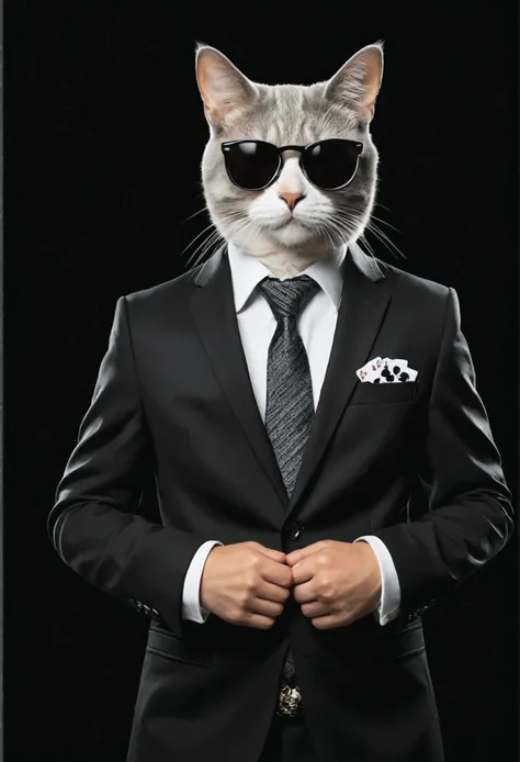 perfect centering placement, cute cat, Wear a suit., Play poker, Wear sunglasses, Wear headphones, Cheerfulness, Standing position, Abstract Beauty, Centered, Looking into the camera, To the camera, Approaching perfection, dynamic, High definition, Smooth,...