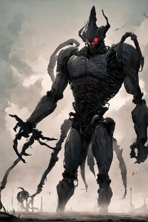 (((Highest quality)))(((Best Image)))外見は黒いfog,Put on your armor,Modern Battle Suit(((Appearance)))The shape is humanoid,Modern weapons(((Features)))Eyes glowing red,The shape is made of purple glowing matter..(((male)))The skeleton is human-like、Muscle fib...