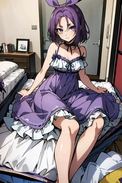 (masterpiece:1.2), (high quality:1.2), reo mikage, blue lock, girls with((1girl, solo, purple hair, (medium hair, right swept bangsone side up, hair ribbon, hair bow:1.55), bare shoulder, blush, breasts, choker, cleavage, cowboy shot, collar, collarbone, r...