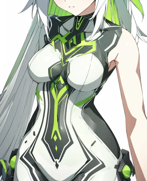 A girl with a green wind motif,Pure white background,See-through bodysuit,エスニックdesign,ＳＦdesign