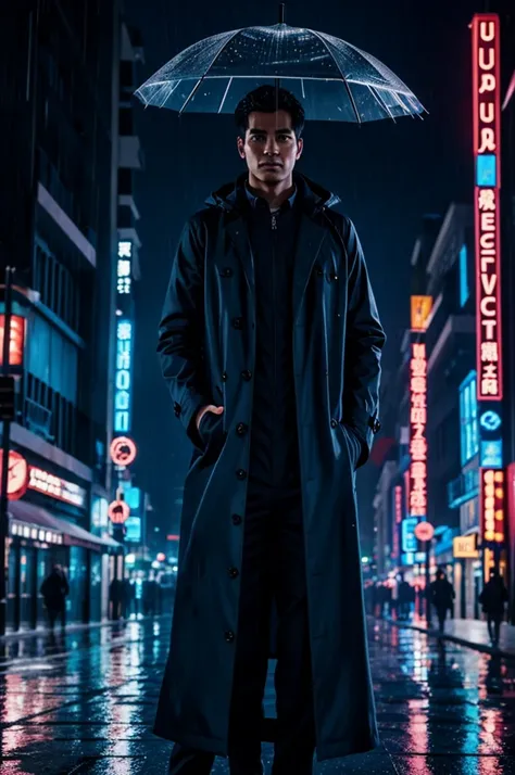 1 man,night city,rain,coat,hand in pocket anime