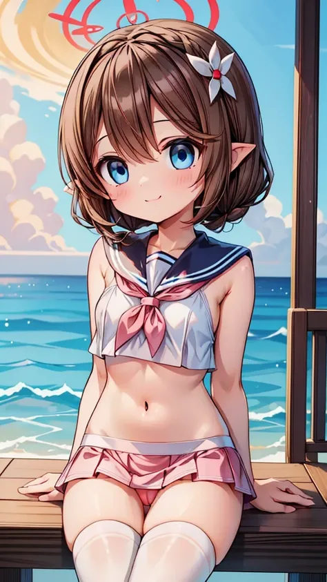 A woman with brown hair, bikini, girl,  labia, table,sitting gentle,panties, sailor uniform , wearing a pink and white sailor suit, blue eyes, racing girl, Du Qiong, smile, gentle, covering one eye, light blue eyes, hairpin, halodont have excessive composi...