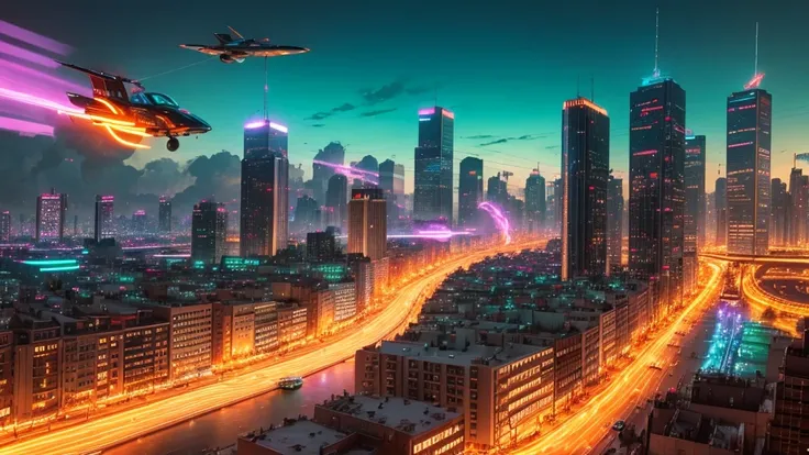 colorful city, Bâtiments futuristes, flying cars, neon, big fire&#39;Artifice, ruas lotadas, Lively atmosphere, happy people celebrating, superb horizon, advanced technology, skyscrapers, Panels&#39;holographic display, swirly vibrant colors, Dynamic energ...