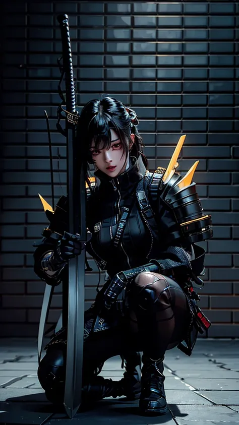 Surreal version of a woman kneeling down on one knee with sword in hand, very beautiful cyberpunk samurai,Sitting on one knee,Futuritic background,  cyberpunk anime art, cyberpunk samurai, cyberpunk city anime art, cyberpunk anime, cgsociety 9, digital cyb...