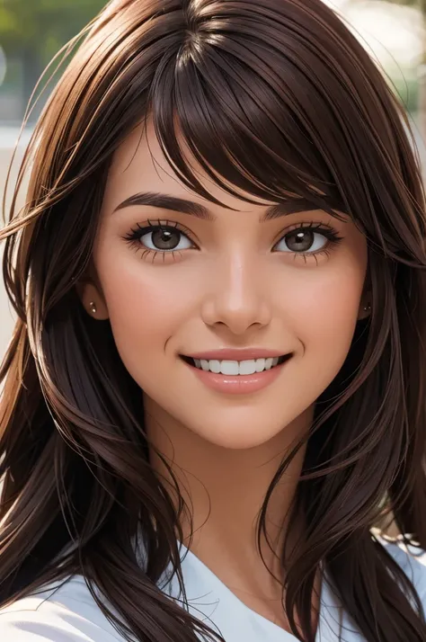 a close up of a close up of a woman with brown hair posing for a picture, 1girl, solo, looking at viewer, realistic, long hair, black hair, smile, portrait