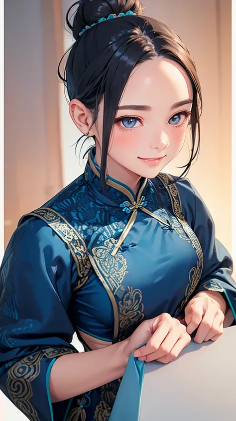 Highest quality、Realistic、girl、zoom、cute、Grey Eyes、Hair Bun、Chestnut Hair、Back to all、the forehead is protruding、Blue Chinese Dress、Looking down、Big smile、Bust Shot、thin、Large Breasts