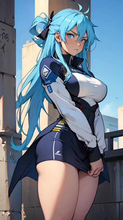 High detailed, 1 19s girl, solo, large long hair, sky-blue colored eyes,  Busty, strong, thicc, Serious expression, expressive eyes, solo