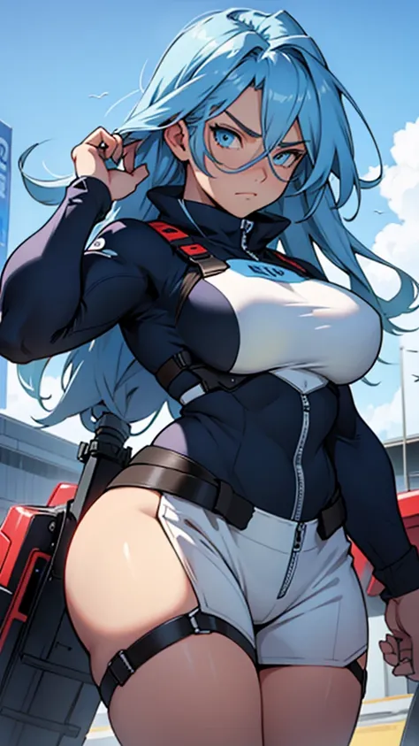 High detailed, 1 19s girl, solo, large long hair, sky-blue colored eyes,  Busty, strong, thicc, Serious expression, expressive eyes, solo