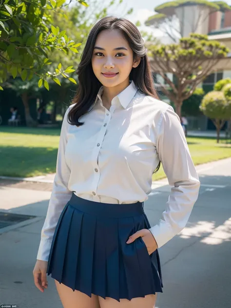 1girl, solo, (Indonesian_high_school_uniform), standing, outdoors, (ultra wide angle shot: 1.4), beautiful scenery, detailed face, little smile, detailed eyes, thick breasts, slim fit body, smooth skin, tight white shirt, blue grey short skirt, looking at ...