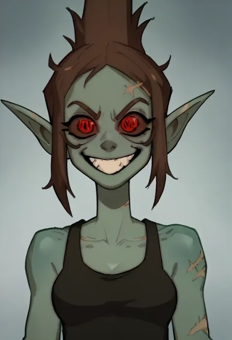 anime zombie undead girl, slitched face, scars an face, black sclera, shark teeth, glowing eyes, smug face, vile, pale green-ish...