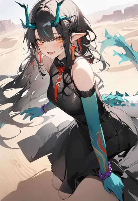 1girl, dusk (arknights), arknights,(masterpiece, best quality), newest, dress , original outfit , black hair, horns, agm, dragon tail , orange eyes, desert  , happy , open mouth