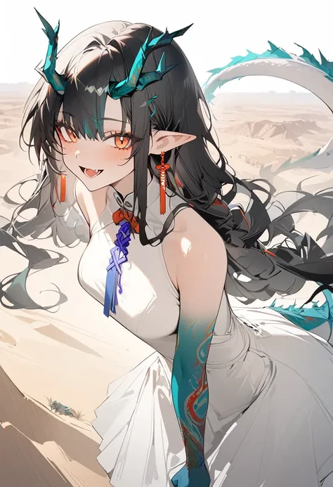 1girl, dusk (arknights), arknights,(masterpiece, best quality), newest, dress , original outfit , black hair, horns, agm, dragon tail , orange eyes, desert  , happy , open mouth