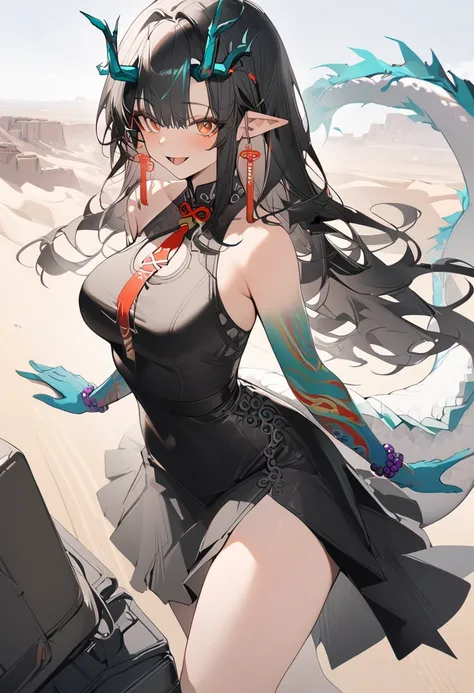 1girl, dusk (arknights), arknights,(masterpiece, best quality), newest, dress , original outfit , black hair, horns, agm, dragon tail , orange eyes, desert  , happy , open mouth