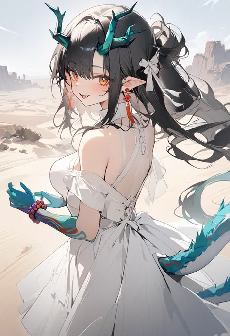 1girl, dusk (arknights), arknights,(masterpiece, best quality), newest, dress , original outfit , black hair, horns, agm, dragon tail , orange eyes, desert  , happy , open mouth