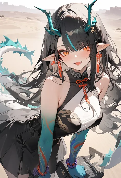 1girl, dusk (arknights), arknights,(masterpiece, best quality), newest, dress , original outfit , black hair, horns, agm, dragon tail , orange eyes, desert  , happy , open mouth