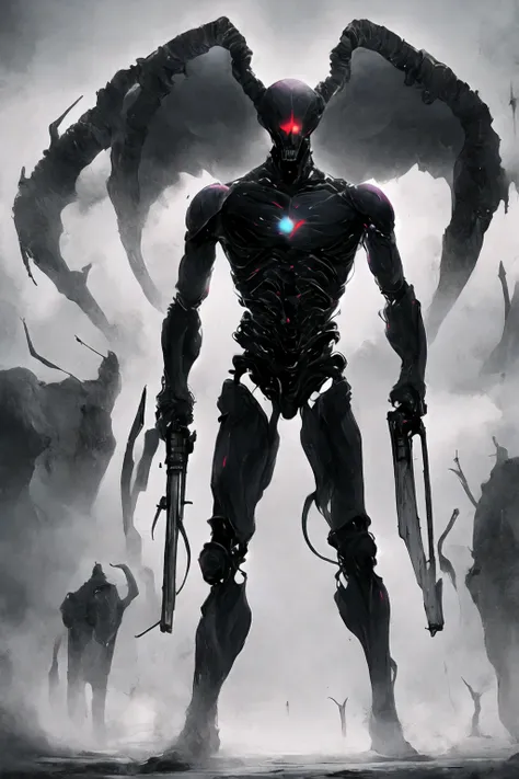 (((Highest quality)))(((Best Image)))外見は黒いfog,Put on your armor,Modern Battle Suit(((Appearance)))The shape is humanoid,Modern weapons(((Features)))Eyes glowing red,The shape is made of purple glowing matter..(((male)))The skeleton is human-like、Muscle fib...