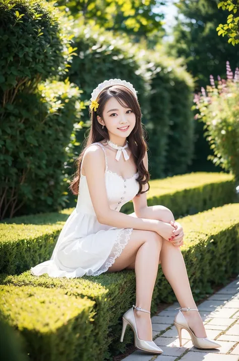 (Only one person), Pure Japanese young girl, wearing white gothic Lolita style dress and accessories, classical high heels, vivid makeup and lips, thick eyebrows, arranged hair styles, sweet smile, sitting in traditional garden, summer sunshine, profession...