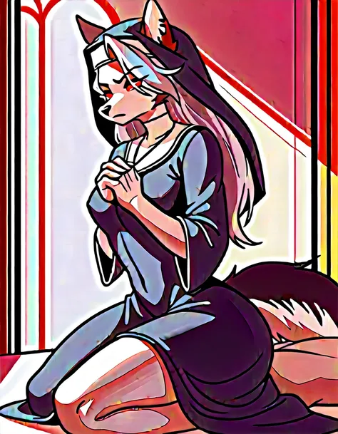 score_9,score_8_up,score_7_up, source_cartoon, kemono style, Anthro furry hellhound, loona from helluva boss, furry body, white eyes, red sclera, she looks serious, wearing nuns outfit, nun hat, slutty nun dress, praying, sex, cowgirl position sex, she is ...