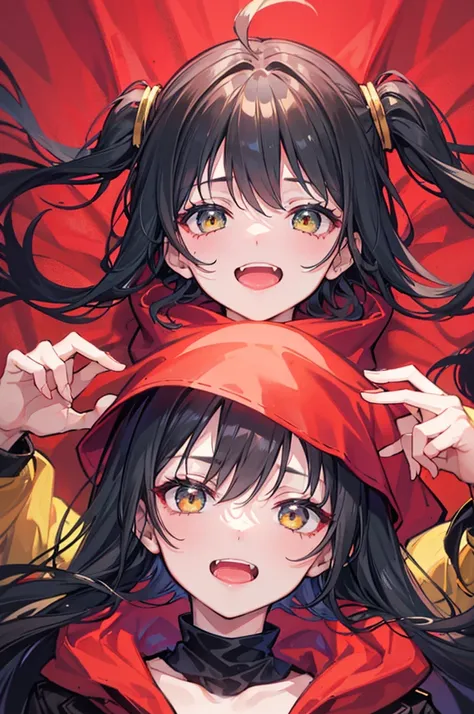 portrait, one side up, long hair, black hair, stupid hair, passionate fool, girl, medium breasts, Laugh loudly and energetically, golden eyes, red cloth scarf, Black Jacket, hero, Arms crossed