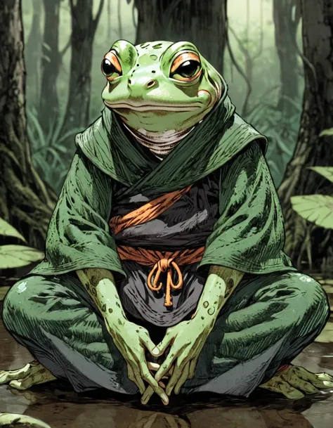 (sketch art, concept art:1.4),(masterpiece rough sketch drawing), best quality, solo closeup, meditating frog monk, green skin, green eyes, dark outfit, (Akihiko Yoshida Style), high contrast, space theme, grunge, punk rock, swamp, trees, forest