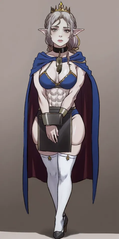 extremely long hair, ponytail, perfect anatomy 1 girl tall solo, slim thick ((muscular)) high elf full body toe to head toned body, silver breast plate, blue cape, slendered abs, hourglass waist, detailed face, defined cheekbones, puffy lips, gauntlets, go...