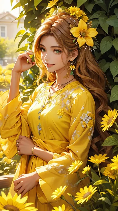 woman with yellow shirt and yellow flower in hair in front of green flower wall, 1girl, solo, flower, jewelry, hair ornament, earrings, hair flower, red nails, smile, long hair