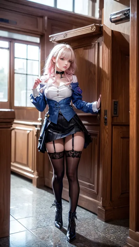 a beautiful young woman, light pink hair,  big blue eyes, ankle boots, archery shooting glove, badge, bare legs, black choker, black corset, black footwear, black gloves, blue jacket, blue skirt, boots, button badge, buttons, choker, collarbone, corset, ea...