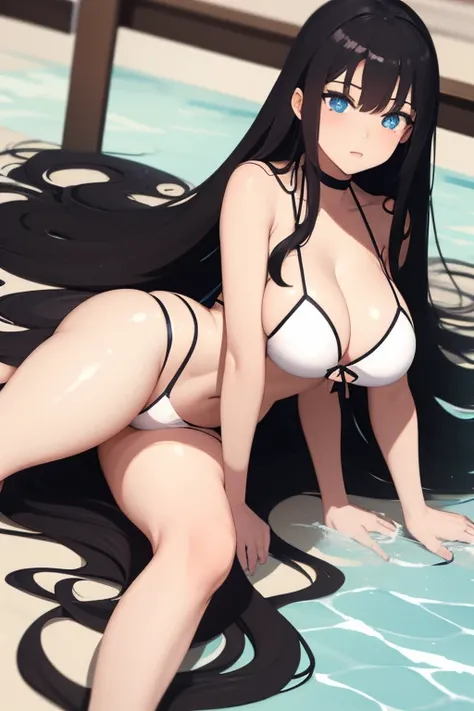 1girl,Long Hair,black hair, Blue eyes,Large breasts, big thighs,white bikini,wet, large ass,laying down,showing ass