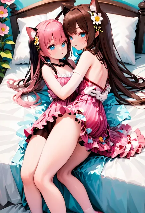 (Style-Princess) (1 man, 1 catgirl) (hetero, couple) (crossdressing, fully clothed) (brown hair, blue eyes) (portrait) (womens clothes only) (womens beautifully feminine skintight velvet floral print frilly girly pink adorable ballet leotards:1.4) (white p...