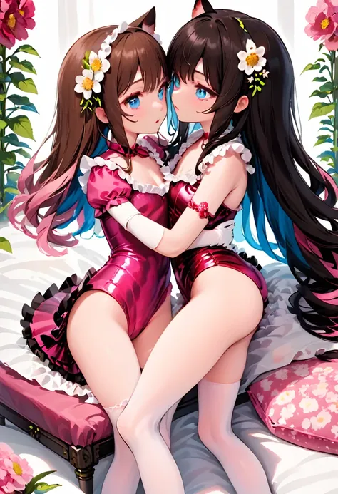 (Style-Princess) (1 man, 1 catgirl) (hetero, couple) (crossdressing, fully clothed) (brown hair, blue eyes) (portrait) (womens clothes only) (womens beautifully feminine skintight velvet floral print frilly girly pink adorable ballet leotards:1.4) (white p...